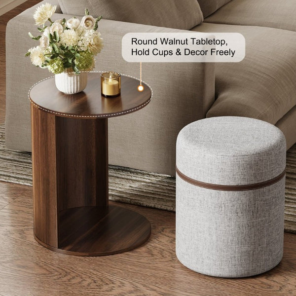English Elm U-Can Walnut Round Side Table with Pull-Out Stool and Slot Storage for Living Room N724P436823M