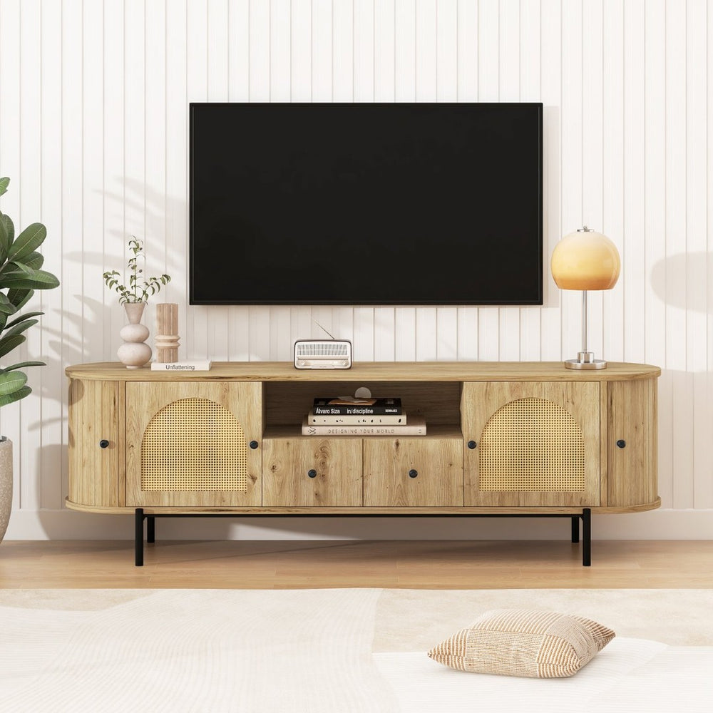 English Elm U-can Farmhouse Wide Tv Stand with Woven Rattan Doors Hidden Compartments Iron Legs Burly Wood N724P437189D