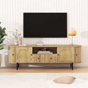 English Elm U-can Farmhouse Wide Tv Stand with Woven Rattan Doors Hidden Compartments Iron Legs Burly Wood N724P437189D