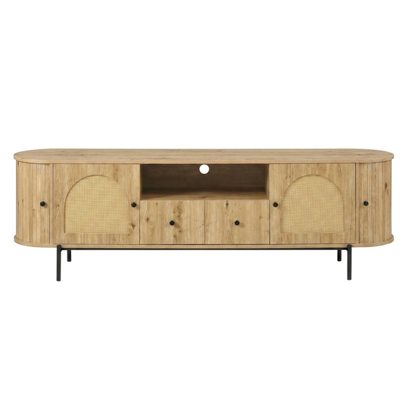 English Elm U-can Farmhouse Wide Tv Stand with Woven Rattan Doors Hidden Compartments Iron Legs Burly Wood N724P437189D