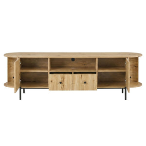 English Elm U-can Farmhouse Wide Tv Stand with Woven Rattan Doors Hidden Compartments Iron Legs Burly Wood N724P437189D