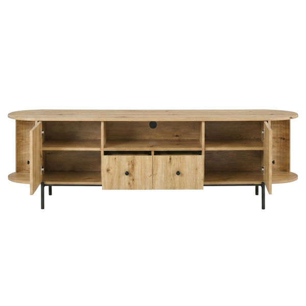 English Elm U-can Farmhouse Wide Tv Stand with Woven Rattan Doors Hidden Compartments Iron Legs Burly Wood N724P437189D