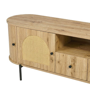 English Elm U-can Farmhouse Wide Tv Stand with Woven Rattan Doors Hidden Compartments Iron Legs Burly Wood N724P437189D