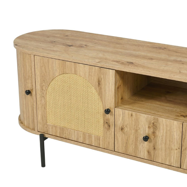 English Elm U-can Farmhouse Wide Tv Stand with Woven Rattan Doors Hidden Compartments Iron Legs Burly Wood N724P437189D