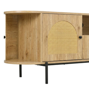 English Elm U-can Farmhouse Wide Tv Stand with Woven Rattan Doors Hidden Compartments Iron Legs Burly Wood N724P437189D