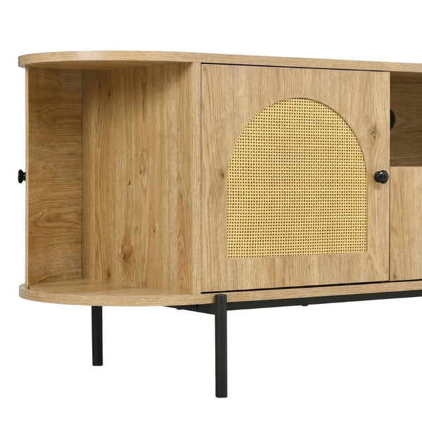English Elm U-can Farmhouse Wide Tv Stand with Woven Rattan Doors Hidden Compartments Iron Legs Burly Wood N724P437189D