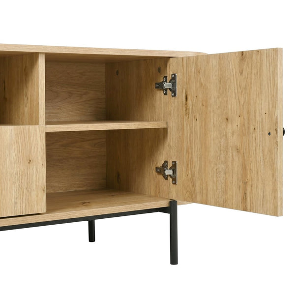 English Elm U-can Farmhouse Wide Tv Stand with Woven Rattan Doors Hidden Compartments Iron Legs Burly Wood N724P437189D