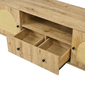 English Elm U-can Farmhouse Wide Tv Stand with Woven Rattan Doors Hidden Compartments Iron Legs Burly Wood N724P437189D