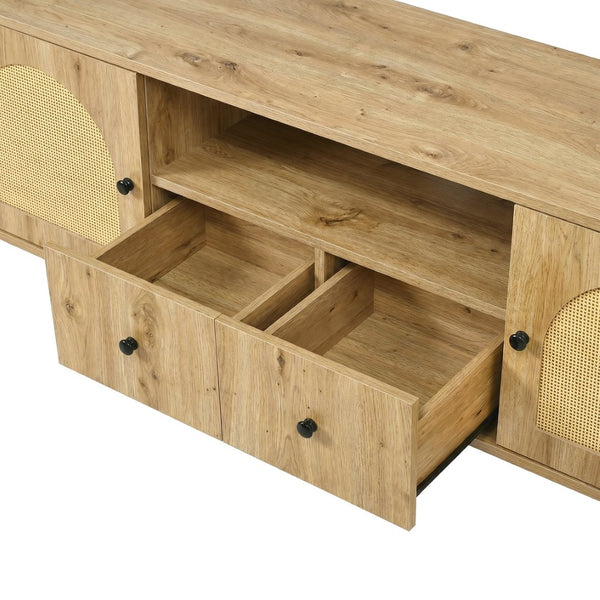 English Elm U-can Farmhouse Wide Tv Stand with Woven Rattan Doors Hidden Compartments Iron Legs Burly Wood N724P437189D