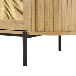 English Elm U-can Farmhouse Wide Tv Stand with Woven Rattan Doors Hidden Compartments Iron Legs Burly Wood N724P437189D