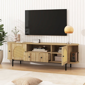 English Elm U-can Farmhouse Wide Tv Stand with Woven Rattan Doors Hidden Compartments Iron Legs Burly Wood N724P437189D