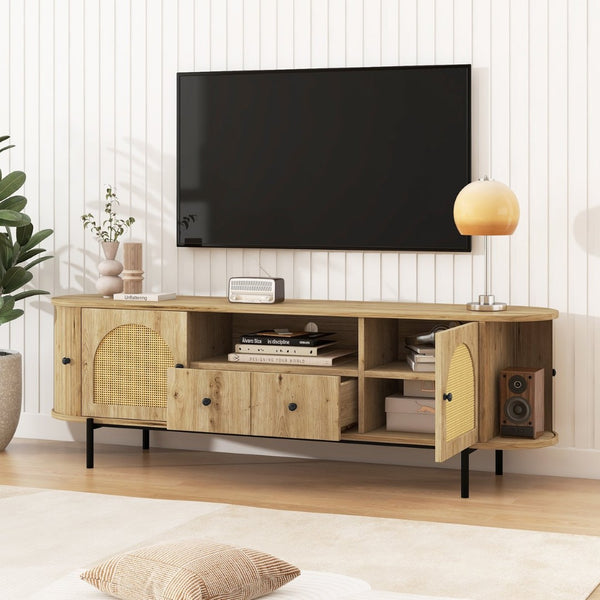English Elm U-can Farmhouse Wide Tv Stand with Woven Rattan Doors Hidden Compartments Iron Legs Burly Wood N724P437189D