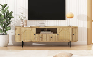 English Elm U-can Farmhouse Wide Tv Stand with Woven Rattan Doors Hidden Compartments Iron Legs Burly Wood N724P437189D