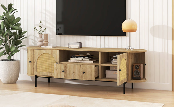 English Elm U-can Farmhouse Wide Tv Stand with Woven Rattan Doors Hidden Compartments Iron Legs Burly Wood N724P437189D