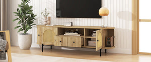 English Elm U-can Farmhouse Wide Tv Stand with Woven Rattan Doors Hidden Compartments Iron Legs Burly Wood N724P437189D
