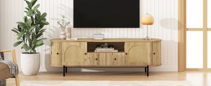 English Elm U-can Farmhouse Wide Tv Stand with Woven Rattan Doors Hidden Compartments Iron Legs Burly Wood N724P437189D