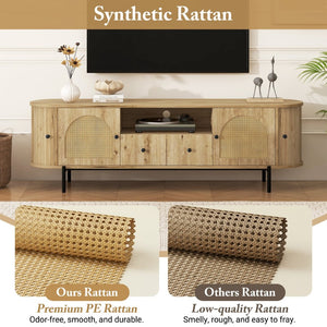 English Elm U-can Farmhouse Wide Tv Stand with Woven Rattan Doors Hidden Compartments Iron Legs Burly Wood N724P437189D