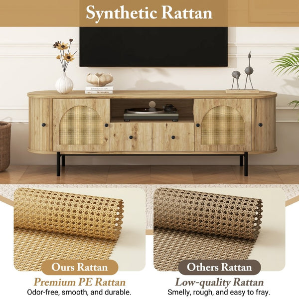 English Elm U-can Farmhouse Wide Tv Stand with Woven Rattan Doors Hidden Compartments Iron Legs Burly Wood N724P437189D