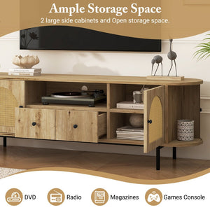 English Elm U-can Farmhouse Wide Tv Stand with Woven Rattan Doors Hidden Compartments Iron Legs Burly Wood N724P437189D