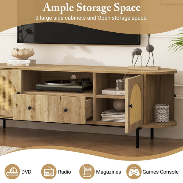 English Elm U-can Farmhouse Wide Tv Stand with Woven Rattan Doors Hidden Compartments Iron Legs Burly Wood N724P437189D