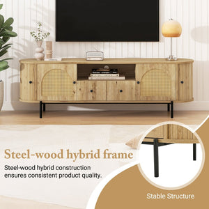 English Elm U-can Farmhouse Wide Tv Stand with Woven Rattan Doors Hidden Compartments Iron Legs Burly Wood N724P437189D
