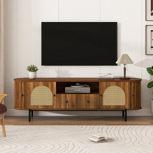 English Elm U-can Farmhouse Wide Tv Stand with Woven Rattan Doors Hidden Compartments Iron Legs Antique Brown N724P437189M