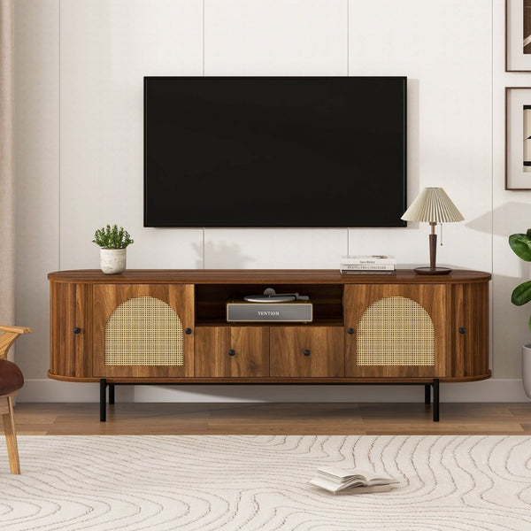 English Elm U-can Farmhouse Wide Tv Stand with Woven Rattan Doors Hidden Compartments Iron Legs Antique Brown N724P437189M