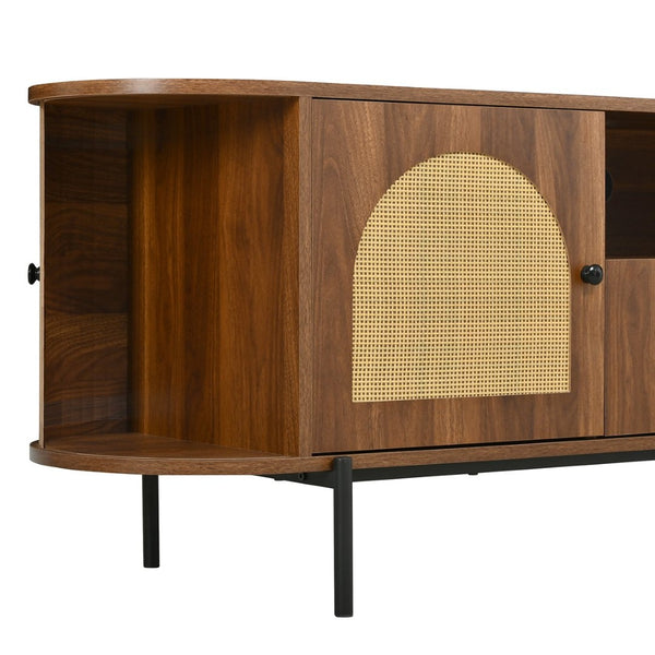 English Elm U-can Farmhouse Wide Tv Stand with Woven Rattan Doors Hidden Compartments Iron Legs Antique Brown N724P437189M