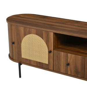 English Elm U-can Farmhouse Wide Tv Stand with Woven Rattan Doors Hidden Compartments Iron Legs Antique Brown N724P437189M
