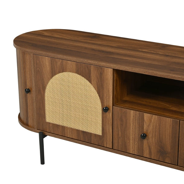 English Elm U-can Farmhouse Wide Tv Stand with Woven Rattan Doors Hidden Compartments Iron Legs Antique Brown N724P437189M
