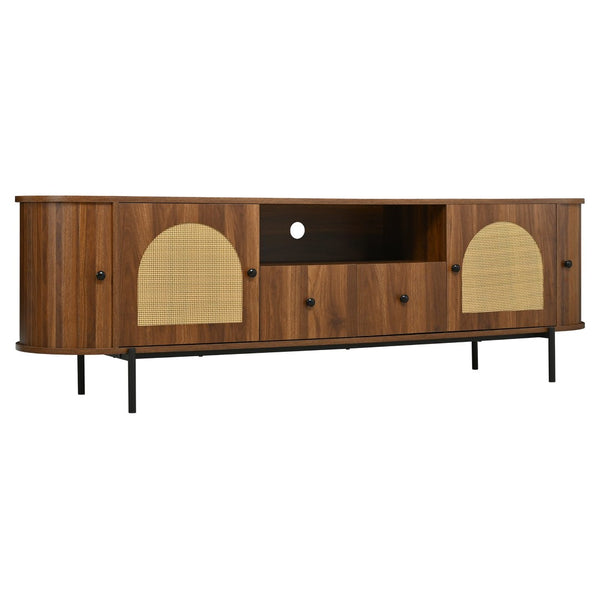 English Elm U-can Farmhouse Wide Tv Stand with Woven Rattan Doors Hidden Compartments Iron Legs Antique Brown N724P437189M
