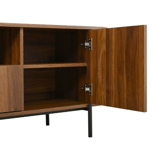 English Elm U-can Farmhouse Wide Tv Stand with Woven Rattan Doors Hidden Compartments Iron Legs Antique Brown N724P437189M