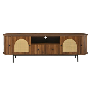 English Elm U-can Farmhouse Wide Tv Stand with Woven Rattan Doors Hidden Compartments Iron Legs Antique Brown N724P437189M