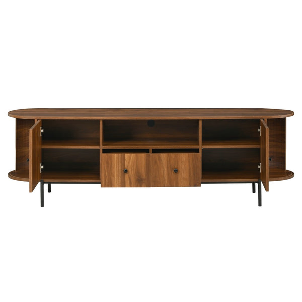 English Elm U-can Farmhouse Wide Tv Stand with Woven Rattan Doors Hidden Compartments Iron Legs Antique Brown N724P437189M