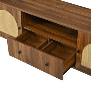 English Elm U-can Farmhouse Wide Tv Stand with Woven Rattan Doors Hidden Compartments Iron Legs Antique Brown N724P437189M