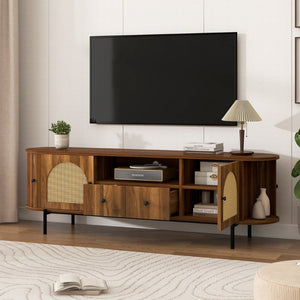 English Elm U-can Farmhouse Wide Tv Stand with Woven Rattan Doors Hidden Compartments Iron Legs Antique Brown N724P437189M