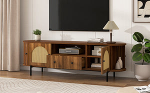 English Elm U-can Farmhouse Wide Tv Stand with Woven Rattan Doors Hidden Compartments Iron Legs Antique Brown N724P437189M