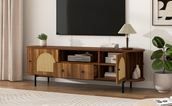 English Elm U-can Farmhouse Wide Tv Stand with Woven Rattan Doors Hidden Compartments Iron Legs Antique Brown N724P437189M