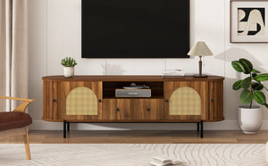 English Elm U-can Farmhouse Wide Tv Stand with Woven Rattan Doors Hidden Compartments Iron Legs Antique Brown N724P437189M