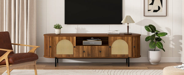English Elm U-can Farmhouse Wide Tv Stand with Woven Rattan Doors Hidden Compartments Iron Legs Antique Brown N724P437189M