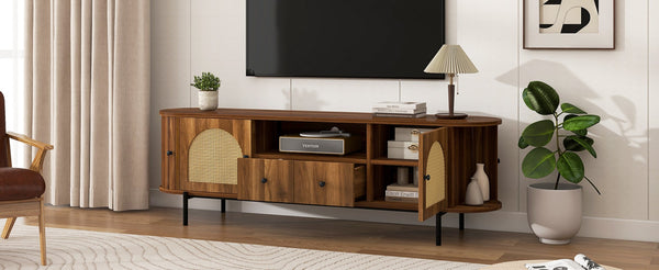 English Elm U-can Farmhouse Wide Tv Stand with Woven Rattan Doors Hidden Compartments Iron Legs Antique Brown N724P437189M