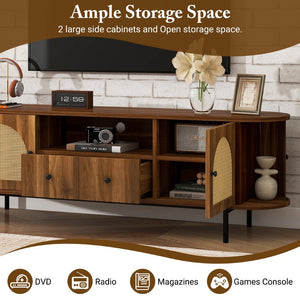 English Elm U-can Farmhouse Wide Tv Stand with Woven Rattan Doors Hidden Compartments Iron Legs Antique Brown N724P437189M