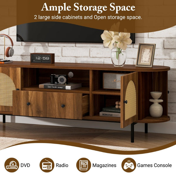 English Elm U-can Farmhouse Wide Tv Stand with Woven Rattan Doors Hidden Compartments Iron Legs Antique Brown N724P437189M