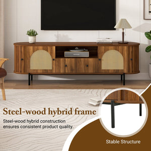 English Elm U-can Farmhouse Wide Tv Stand with Woven Rattan Doors Hidden Compartments Iron Legs Antique Brown N724P437189M