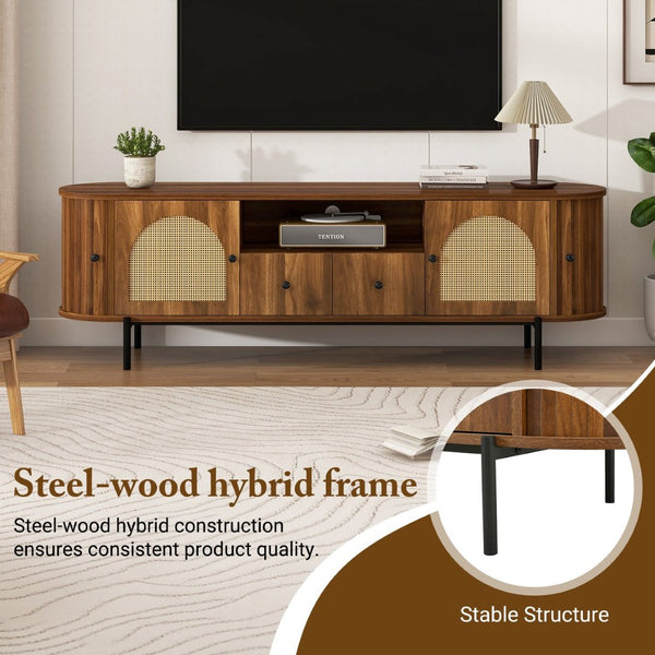 English Elm U-can Farmhouse Wide Tv Stand with Woven Rattan Doors Hidden Compartments Iron Legs Antique Brown N724P437189M