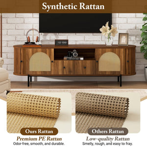 English Elm U-can Farmhouse Wide Tv Stand with Woven Rattan Doors Hidden Compartments Iron Legs Antique Brown N724P437189M