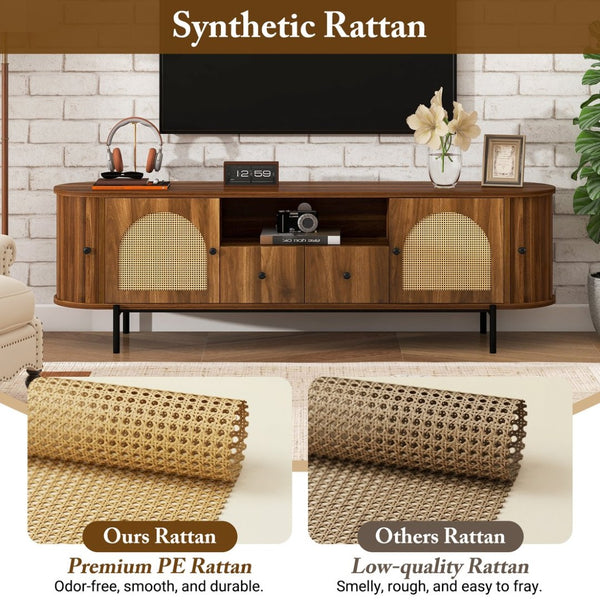 English Elm U-can Farmhouse Wide Tv Stand with Woven Rattan Doors Hidden Compartments Iron Legs Antique Brown N724P437189M