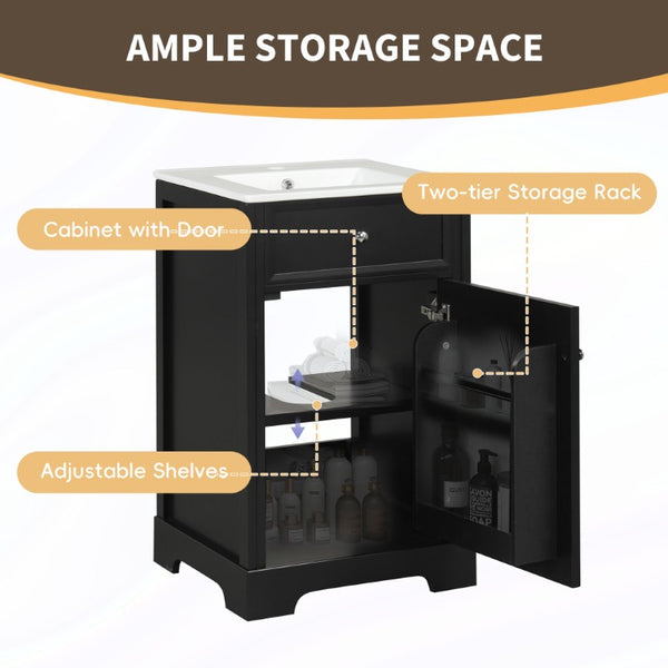 English Elm 20 Inch Matte Black Bathroom Vanity with Ceramic Sink Soft Close Cabinet Storage N725P218017B
