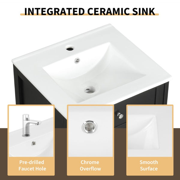 English Elm 20 Inch Matte Black Bathroom Vanity with Ceramic Sink Soft Close Cabinet Storage N725P218017B