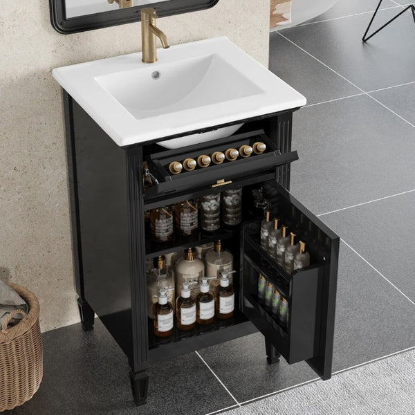 English Elm 20-Inch Freestanding Bathroom Vanity Solid Rubberwood Ceramic Sink Soft-Close Cabinet Black N725P269693B